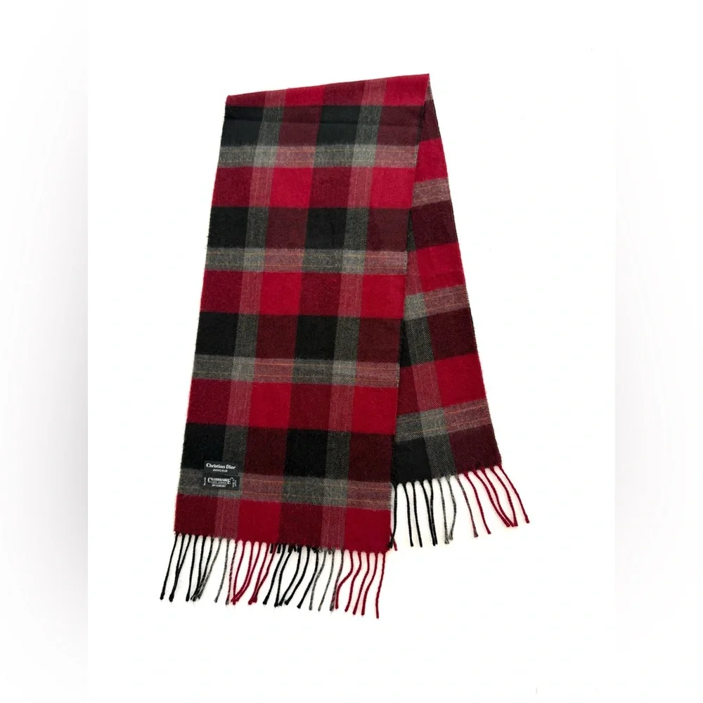 Christian Dior Monsieur Plaid Fringe Red Cashmere 100% Acrylic Scarf
